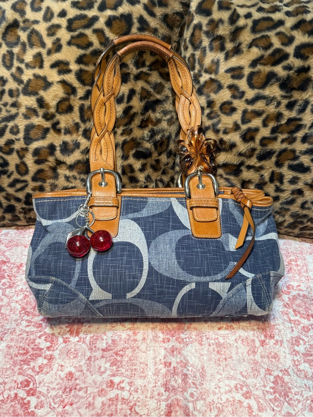 Coach Blue Signature denim Tote with Tan Leather Handles